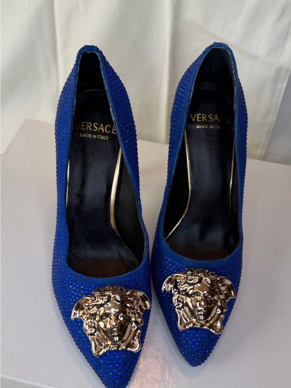 Versace Royal Blue Crystal Pointed-Toe Pumps with Gold Medusa